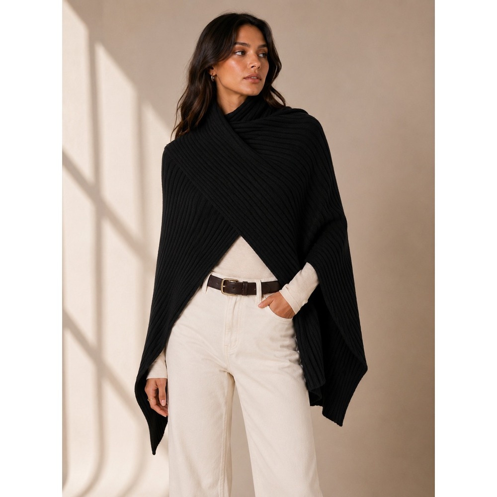 Autumn Cashmere Hybrid scarf cape wrap OS Black Cashmere Wool Blend Ribbed chic